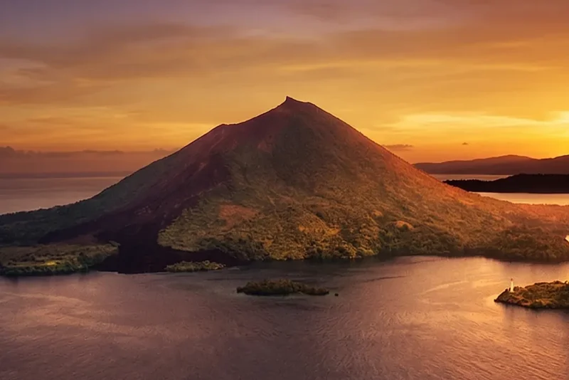Volcanic island at sunset in eastern Indonesia