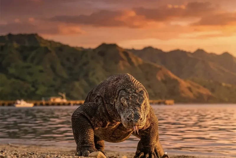 Komodo dragon on the beach at sunset in Komodo National Park