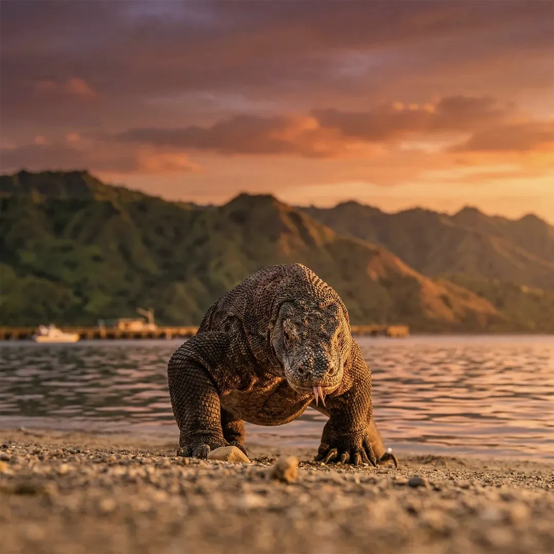 Komodo dragon on the beach at sunset in Komodo National Park