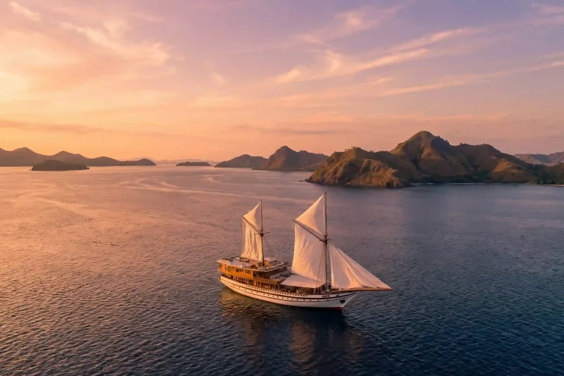 Phinisi Prana under full sail off Komodo