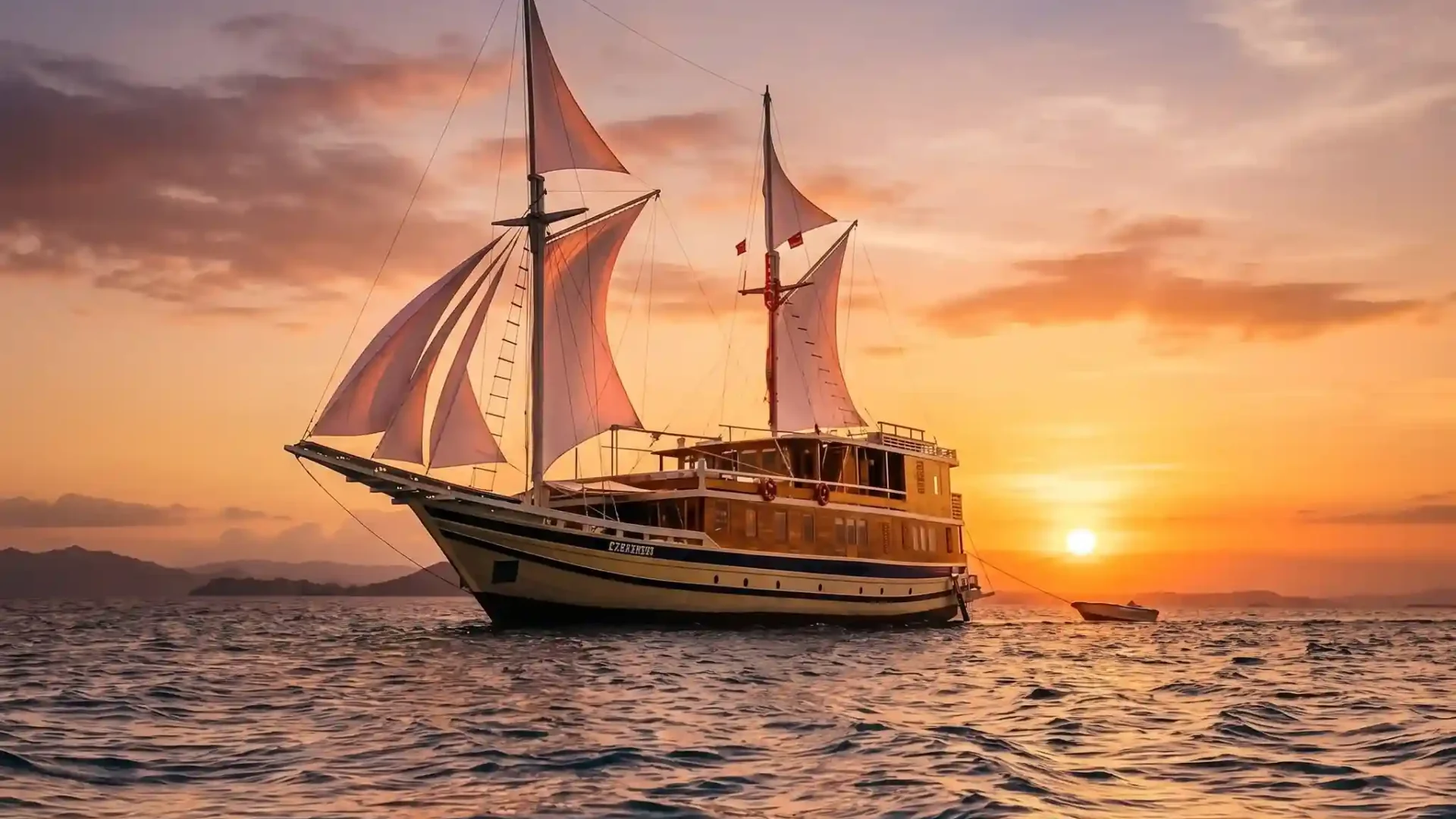 Motor yacht cruising at sunset in Komodo