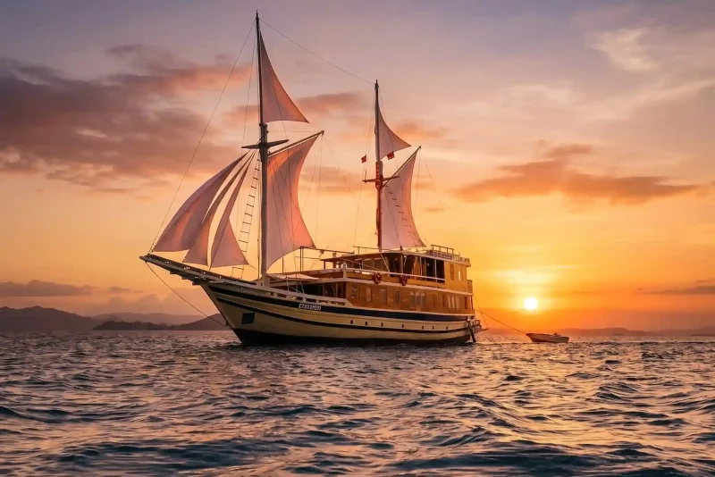 Motor yacht cruising at sunset in Komodo