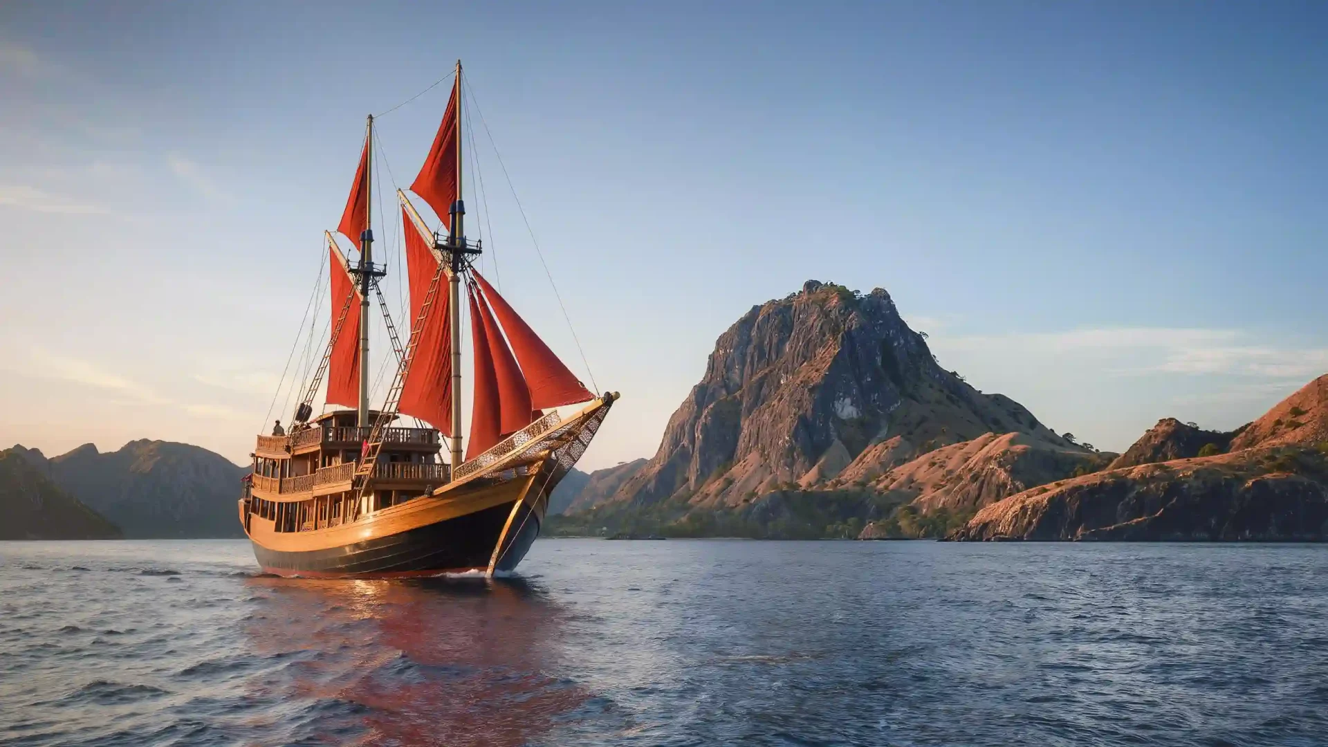 Guests dining on the deck of a phinisi at sunset in Komodo