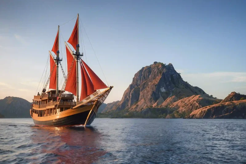Guests dining on the deck of a phinisi at sunset in Komodo