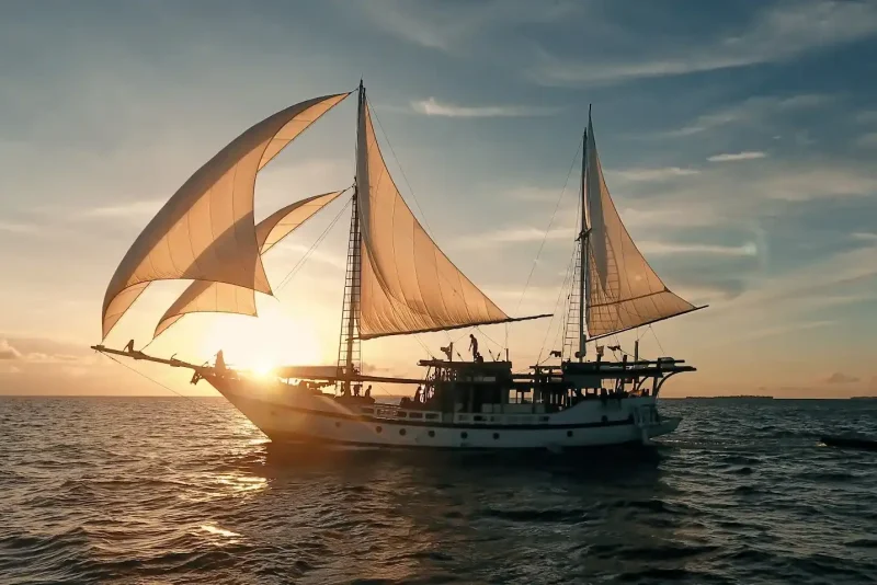 Phinisi under full sail heading into the sunset in Komodo