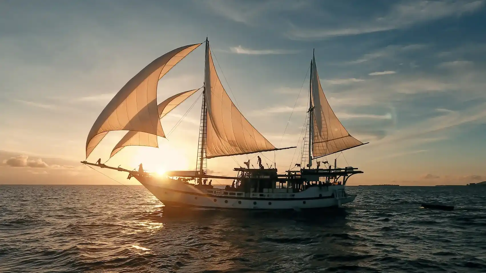 Phinisi under full sail heading into the sunset in Komodo