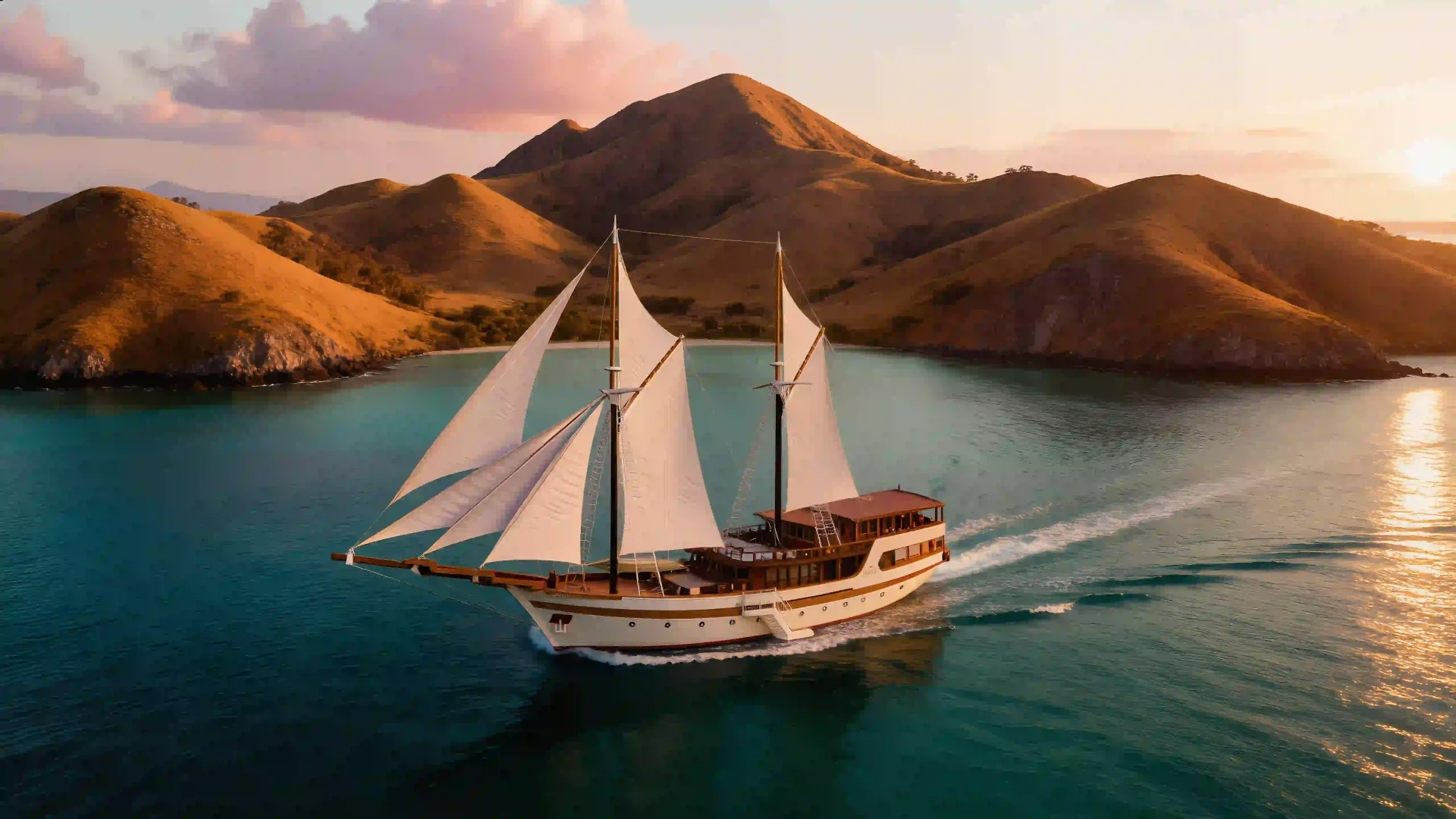 Phinisi yacht under sail near a rocky island in Komodo