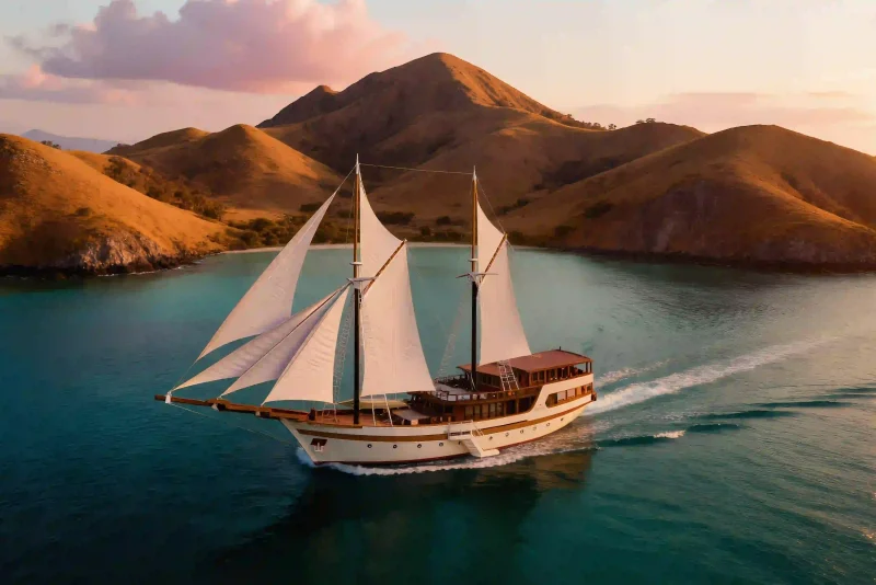 Phinisi yacht under sail near a rocky island in Komodo