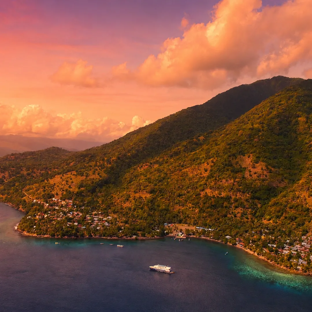 Aerial view of a remote coastline at sunset