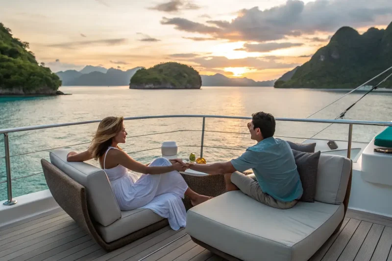 Couple watching sunset from a yacht deck among karst islands