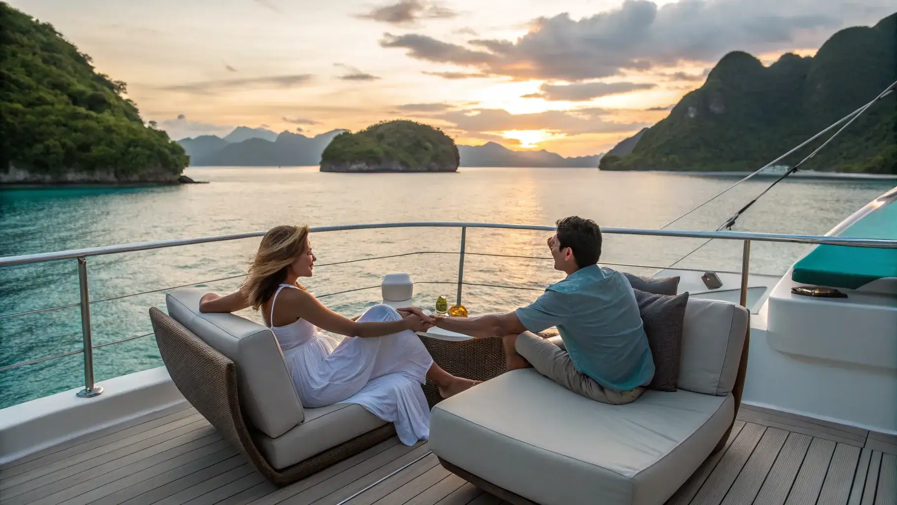 Couple watching sunset from a yacht deck among karst islands