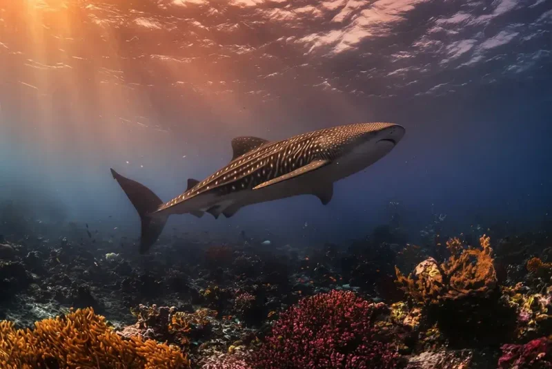Whale shark swimming over a coral reef