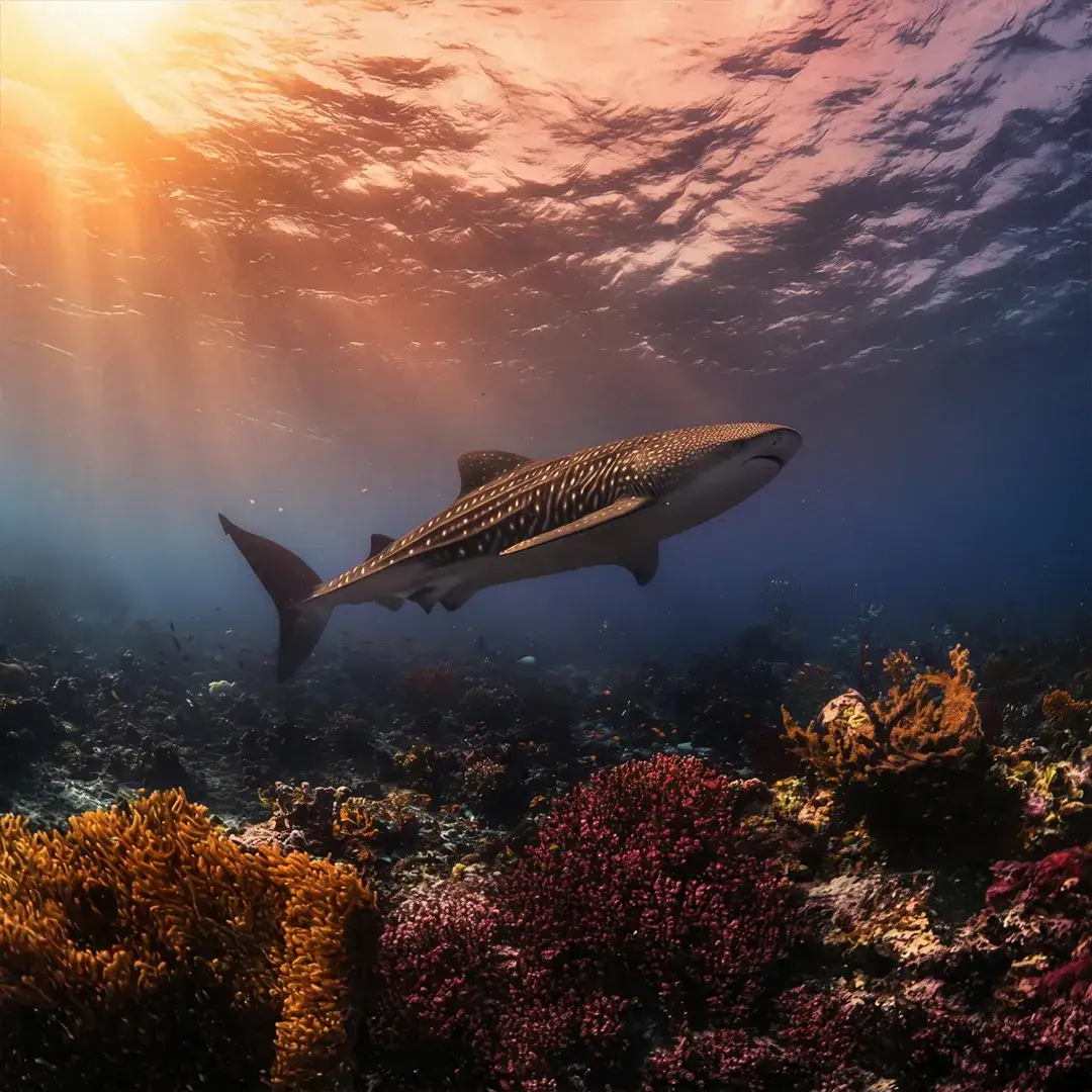 Whale shark swimming over a coral reef